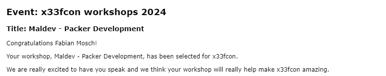 Yeeah! 🔥🔥🔥🔥 Looks like @eversinc33 and I will give a Maldev Workshop at @x33fcon 2024! 😎Looking forward for that but also for this conference in general 🥰 Pirate Ship, we are ready 🏴‍☠️🦜