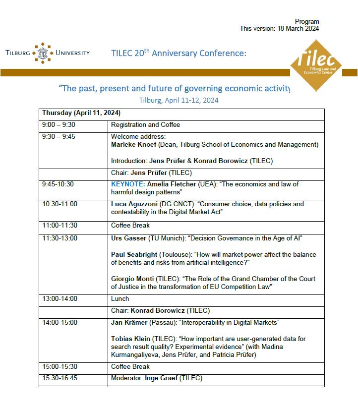 TILEC1's tweet image. Join us @ MindLabs on April 11 &amp;amp; 12 for #TILEC 20th Anniversary Conference where we reflect on the “Past, present and future of governing #economic activity”. 

📜:tilburguniversity.edu/research/insti…

Program⤵️