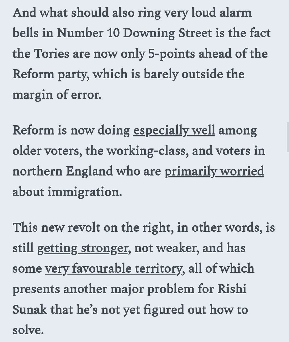 NEW. Latest numbers in Britain:

Labour 45%
Conservatives 19%
Reform 14%
Lib Dems 9%
Greens 8%

My view:
mattgoodwin.org/p/exclusive-wh…
