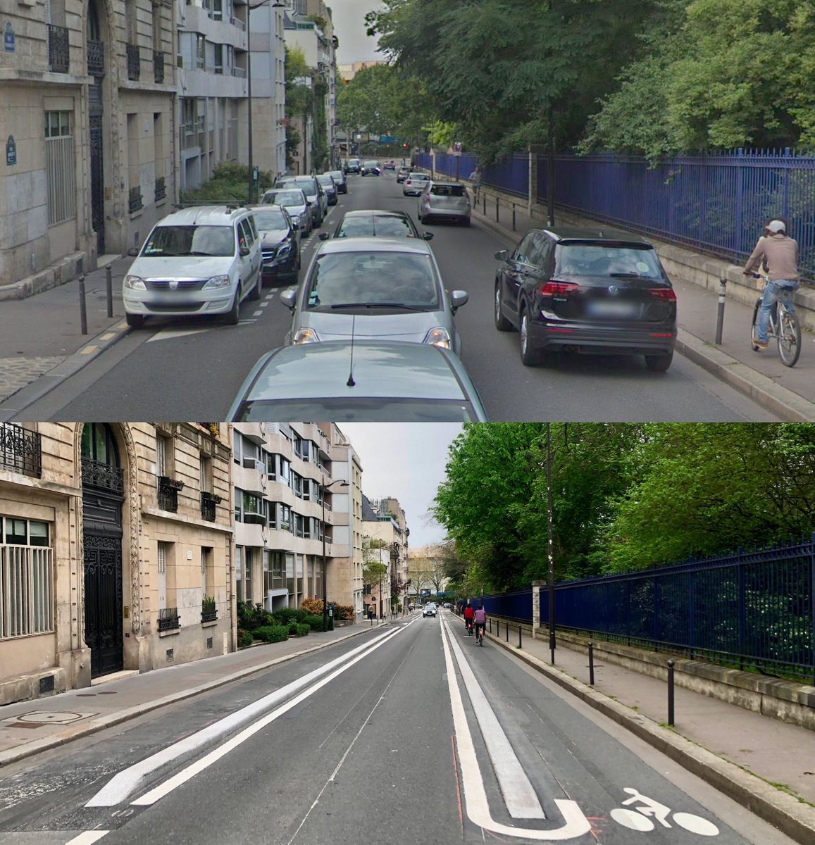 Avant / Après les pistes Rue Emile Deutsch de la Meurthe dans le 14ème arrondissement. Deux pistes ont été faites en prenant la place sur le stationnement sur une des voies. Maintenant on ne devrait plus voir de cyclistes sur le trottoir.