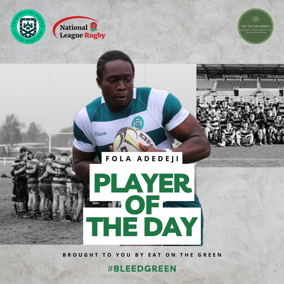 🌟𝑷𝑳𝑨𝒀𝑬𝑹 𝑶𝑭 𝑻𝑯𝑬 𝑴𝑨𝑻𝑪𝑯 A huge congrats to Fola Adedeji for being named this weeks @EatOnTheGreenEx Player of the Match against Camborne #EXEvCAM | #BleedGreen