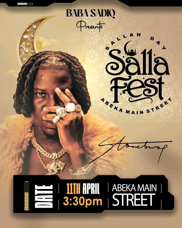 #IGAD @stonebwoy makes a return to annual #SallaFest2024 for the first time in 10 years. His last performance was in 2014. Thursday 11th April, 2024 | Abeka Main Street | Procession starts at 3:30pm. #BabaSadiq4OKC2024 #TheNewHopeforOKC @sadiqabdulaiabu