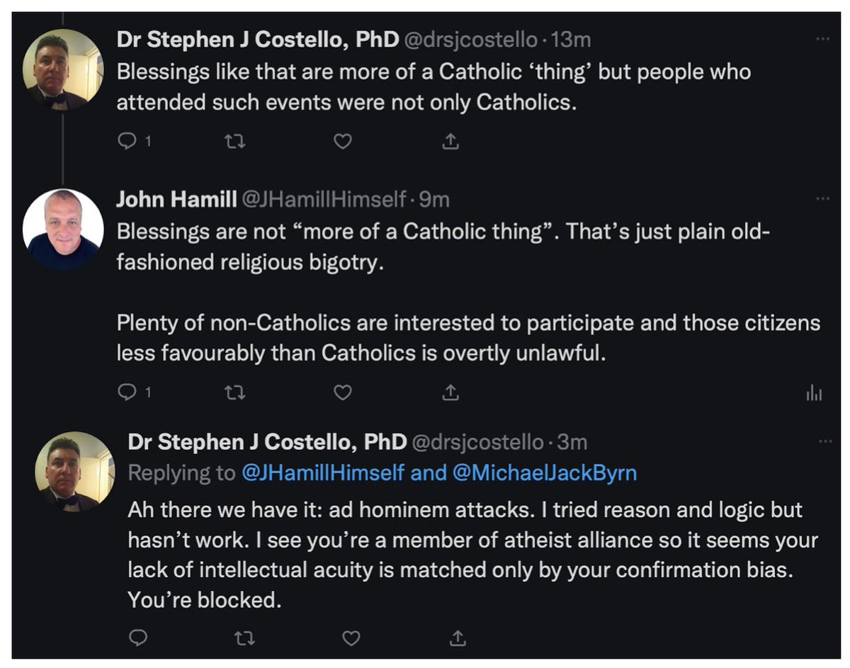 CoFSM_Ireland's tweet photo. That's not ad hominem, @drsjcostello. That’s criticism of your position. You argued that non-Catholics can be excluded from public events based on their beliefs, because you have decided what activities are and are their “thing”. That's an argument for unlawful religious bigotry. https://t.co/5hdODwcMK1