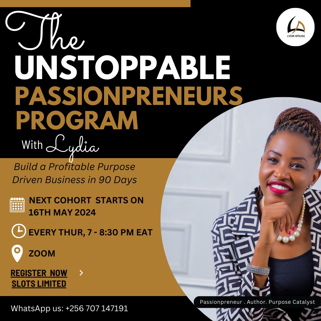 The Unstoppable Passionpreneurs program is your 90-day roadmap to success! We'll guide you from fiery idea to flourishing business, equipping you with the skills and strategies to make money doing what you love. Click the link below to claim your spot: lydiaamuge.com/unstoppable-pa…