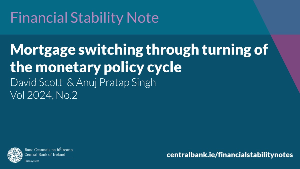 The second Financial Stability Note in our 2024 series has been published. This Note examines how mortgage switching behaviour changed through the turning of the monetary policy cycle. Read more here - centralbank.ie/docs/default-s…