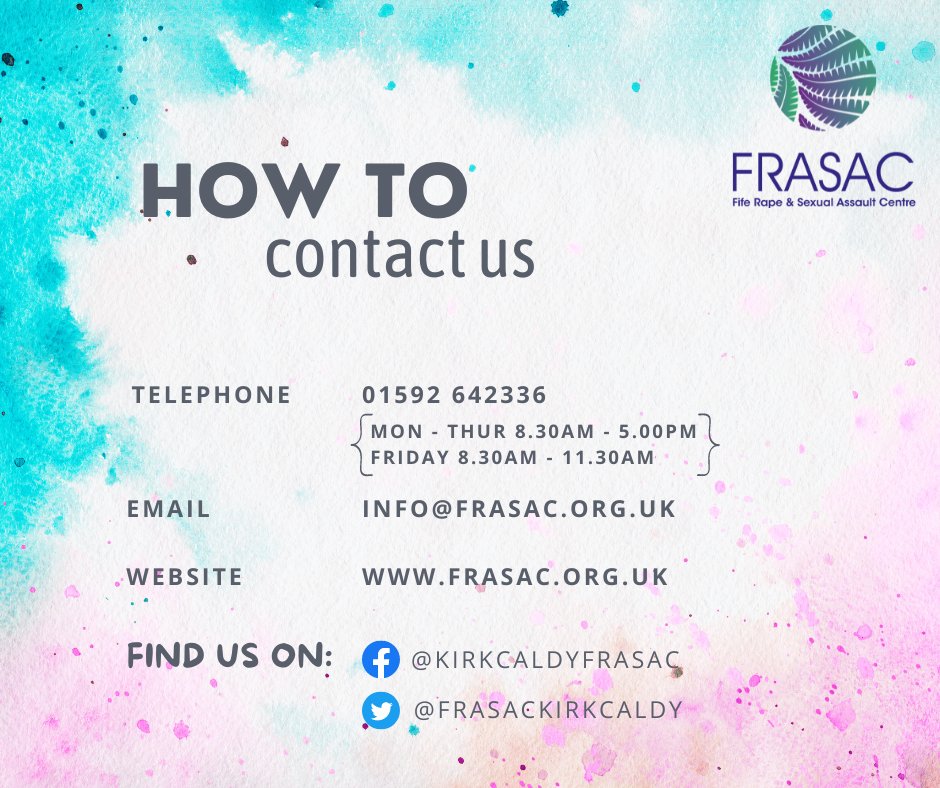 Good morning, our office hours this week are Monday - Thursday 8.30am - 5.00pm and Friday 8.30am - 11.30am. Do get in touch if you need support, you do not need to be referred by a professional and can self refer. Do check out our website at frasac.org.uk.