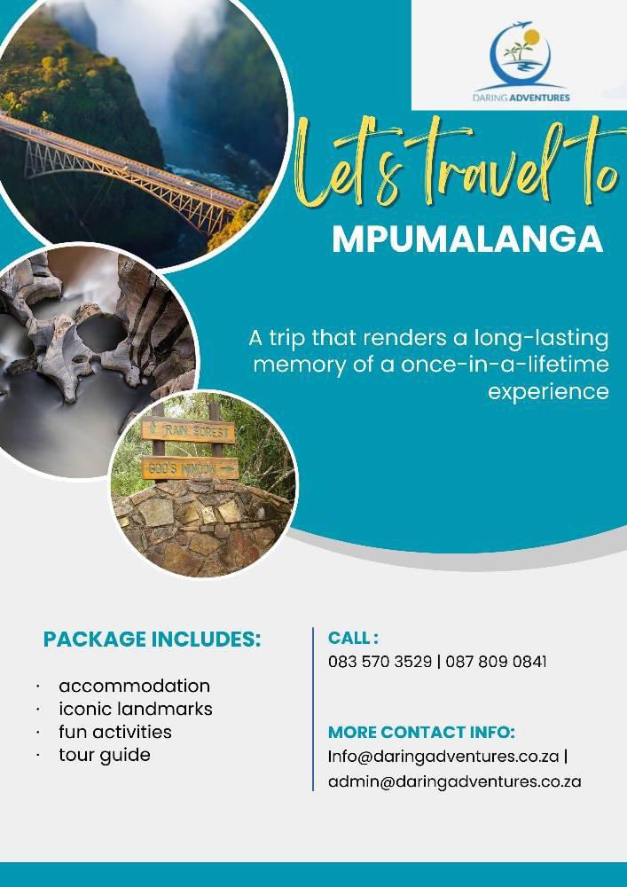 Escape to Mpumalanga, where nature's wonders unfold before your eyes. 

Immerse yourself in the beauty of the Panorama Route, explore the ancient landscapes of Blyde River Canyon, and encounter the Big Five in their natural habitat.

#DiscoverMpumalanga  #daringadventures