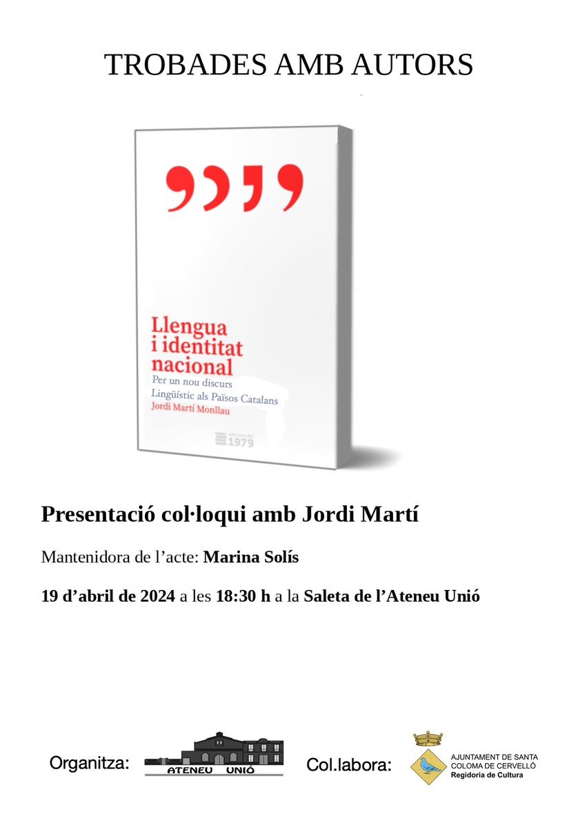 📢L'Ateneu Unió us convida a la presentació col·loqui del llibre «Llengua i identitat nacional. Per un nou discurs Lingüístic als Països Catalans» amb el seu autor, Jordi Martí. 📌Divendres 19/4 a les 18.30 h a la Saleta de l'Ateneu Unió ▶️Mantenidora, Marina Solís #Somcultura