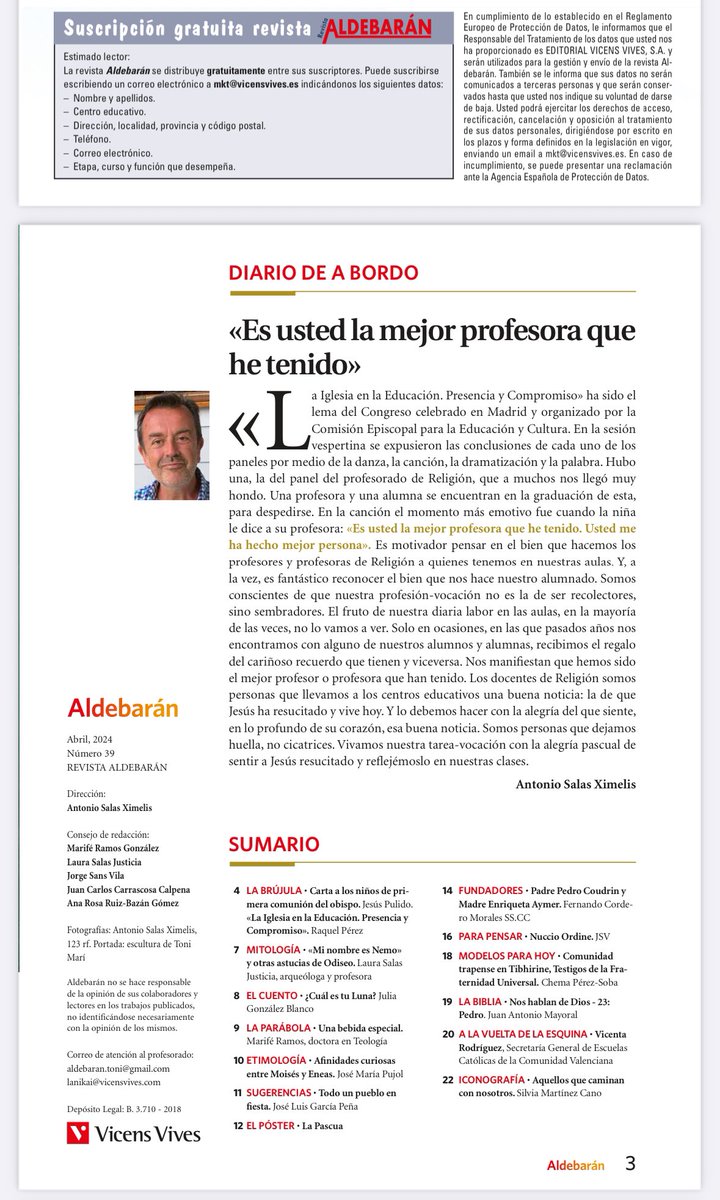 Comparto la portada, mi diario de a bordo y el Sumario de la Revista Aldebarán número 39 de la Ed. VicensVives. Adjunto el boletín de suscripción. Es gratuita. Feliz tiempo Pascual. Si alguien desea ya tener este número, con gusto se lo envío completo. ( lanikai@vicensvives.com )