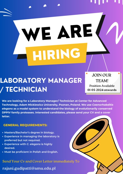 I am looking for a lab manager/technician. Please see below and apply if you are interested