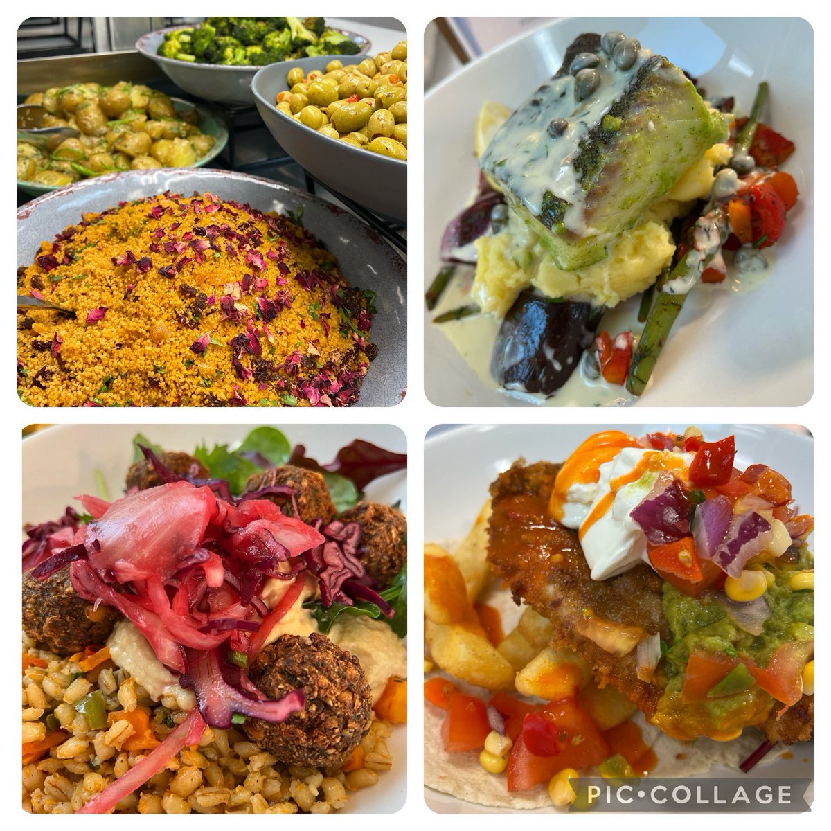 On todays menu in the EDUkitchen at St Peter’s: -Baked Cod Loin with Roasted Green Beans, Beetroot and Dill Caper Sauce -Falafel with Warm Pearl Barley, Humus and Pickled Onions -Southern Fried Chicken Taco with Sour Cream and Guac @LoveBritishFood #greathospitalfood