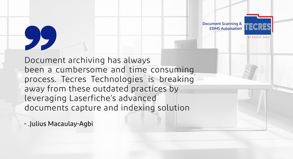 Let Tecres Technologies in collaboration with Laserfiche modernize your document archiving, providing a streamlined solution for capturing and indexing documents. 

Get started by visiting tecres.com.ng.

#TecresTechnologies
#DocumentScanning
#EDMSAutomation