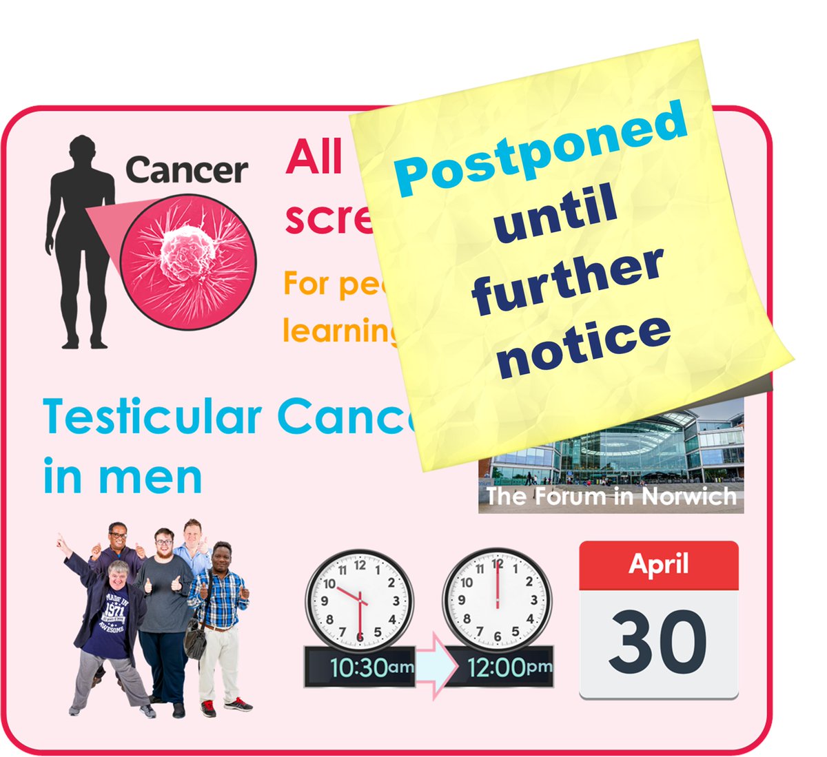 We have had to postpone our event about testicular cancer screening we will let you know the new date when we know it!