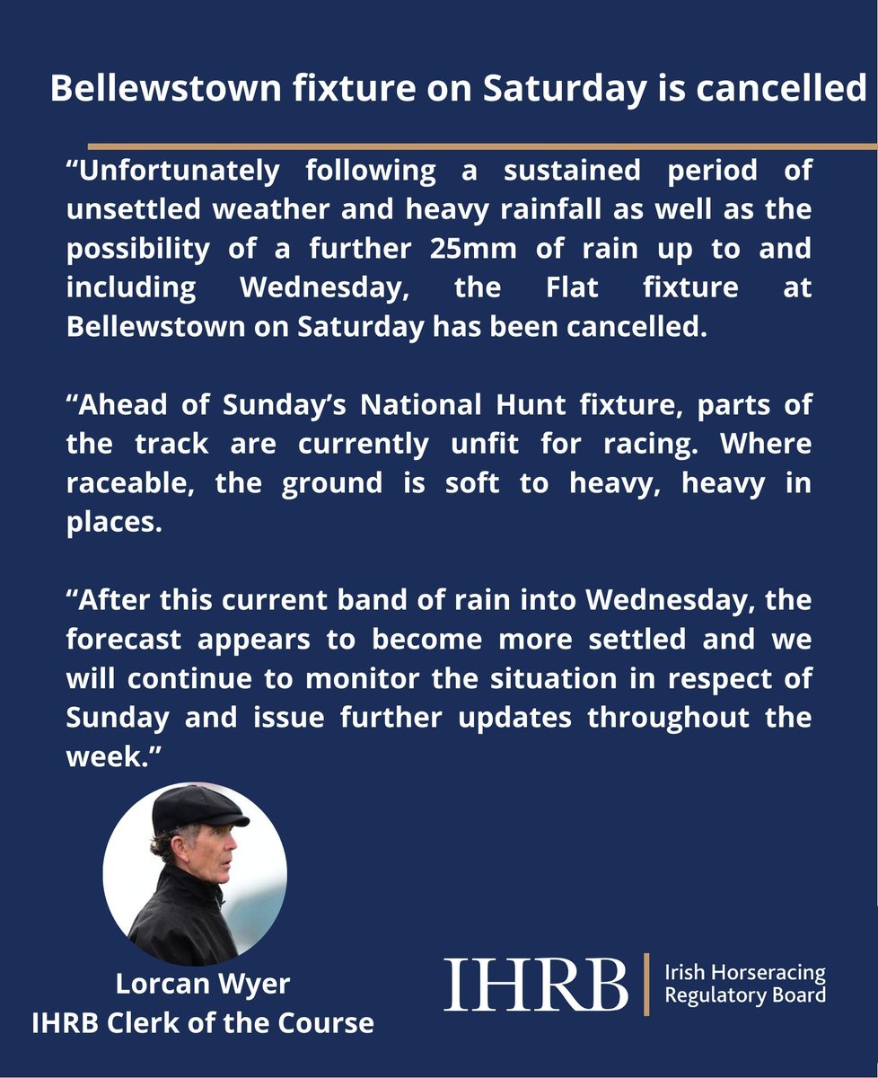 IHRB (@ihrb_ie) on Twitter photo โ ๏ธThe fixture scheduled for Saturday, 13 April at <a href="/BellewstownRace/">Bellewstown Races</a> has been cancelled โ ๏ธThe fixture scheduled for Saturday, 13 April at <a href="/BellewstownRace/">Bellewstown Races</a> has been cancelled
