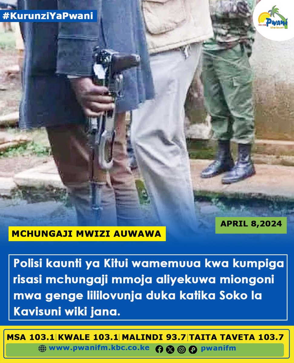 Polisi kaunti ya Kitui wamemuua kwa kumpiga risasi mchungaji mmoja aliyekuwa miongoni mwa genge lililovunja duka katika Soko la Kavisuni wiki jana.
#KurunziYaPwani^RZ