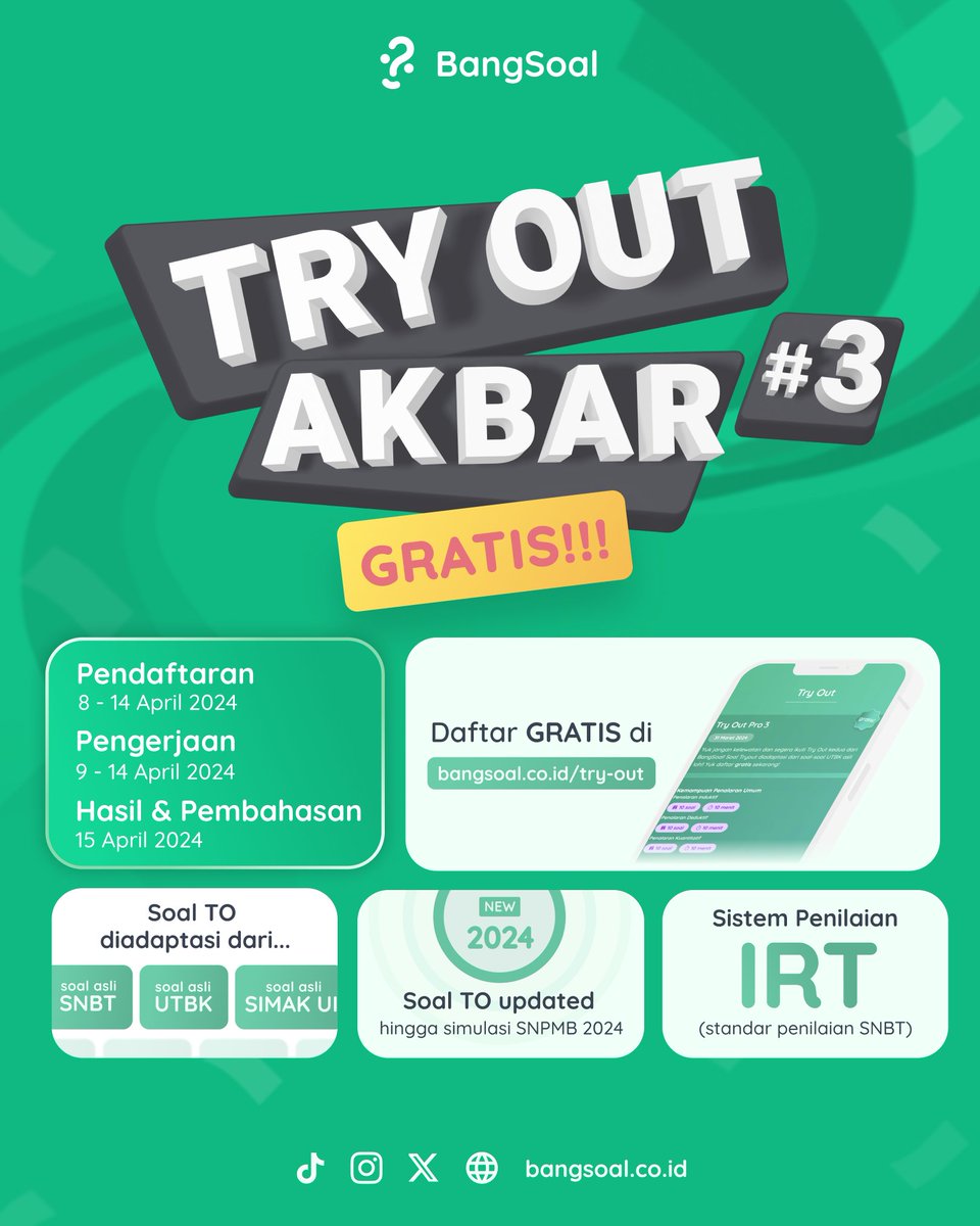 🌟 Try Out Akbar #3 telah tiba! Siapkan diri kalian untuk menghadapi SNBT, UTBK, dan SIMAK UI dengan soal-soal terbaru dan sistem penilaian IRT yang akurat.