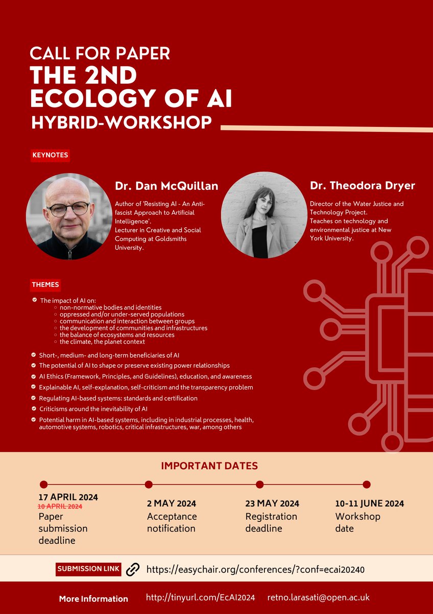 ‼️ We are excited to announce our amazing keynote speakers for the 2nd Ecology of #ArtificialIntelligence hybrid workshop at #HHAI2024: Dr. Dan McQuillan and Dr. Theodora Dryer. If you haven’t submitted your paper yet, the deadline has been EXTENDED to 17 April 2024 #CfP #AI