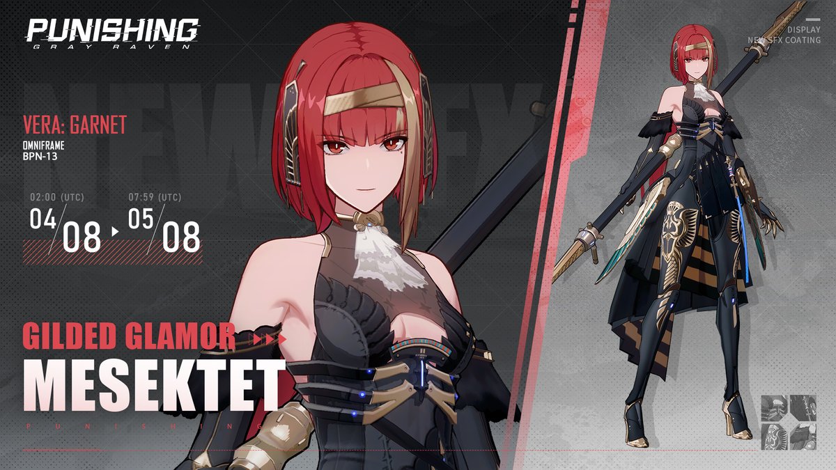 GARNET SFX COATING: MESEKTET NOW AVAILABLE The SFX coating Mesektet for Vera: Garnet, as well as the accompanying weapon coating Ankh, are now available for purchase! Duration: 2024/4/8 - 2024/5/8, 07:59 (UTC) #punishinggrayraven #PGR