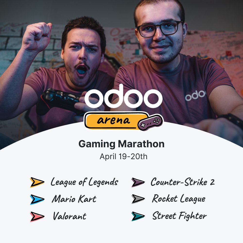 D-10 until our Gaming Marathon! 🎮 Join us on Twitch or in our Louvain-la-Neuve office (BE 🇧🇪) for 28h of fun and career opportunities, featuring your favorite games! Register now on odoo.com/r/apa 😄