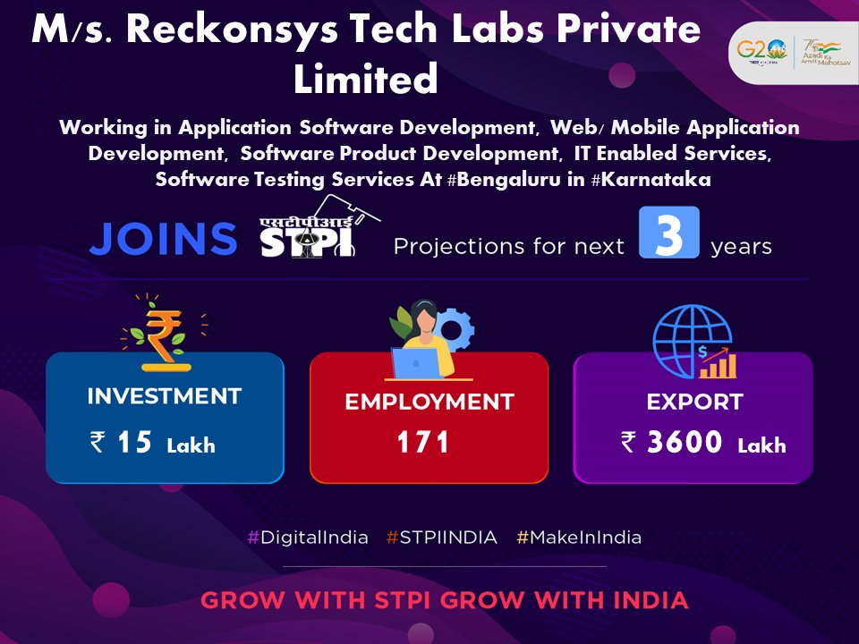 Welcome, M/s. Reckonsys Tech Labs Private Limited looking forward to a successful journey ahead. #GrowWithSTPI #DigitalIndia #STPIINDIA #StartupIndia @AshwiniVaishnaw @Rajeev_GoI