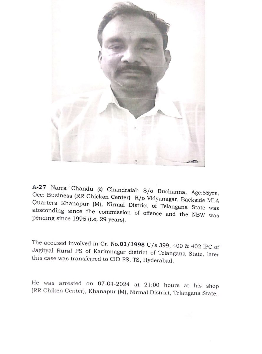 #PressNote #NBW_Execution On the directions of ADG CID Smt. Shikha Goel IPS and under the supervision of Sri Ramreddy SP CMS CID, a special team apprehended one accused Narra Madhu S/o. Buchanna r/o. khanapur of Nirmal. NBW was pending since 29 years against the accused.