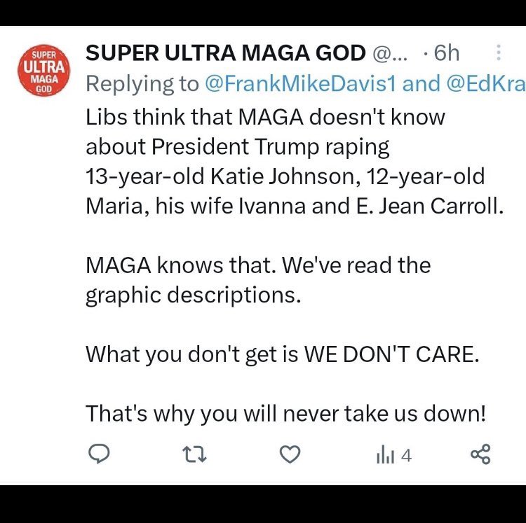 @TRUMPxxxEPSTEIN @meiselasb @MeidasTouch Not only does MAGA admit it, they’re proud of it.