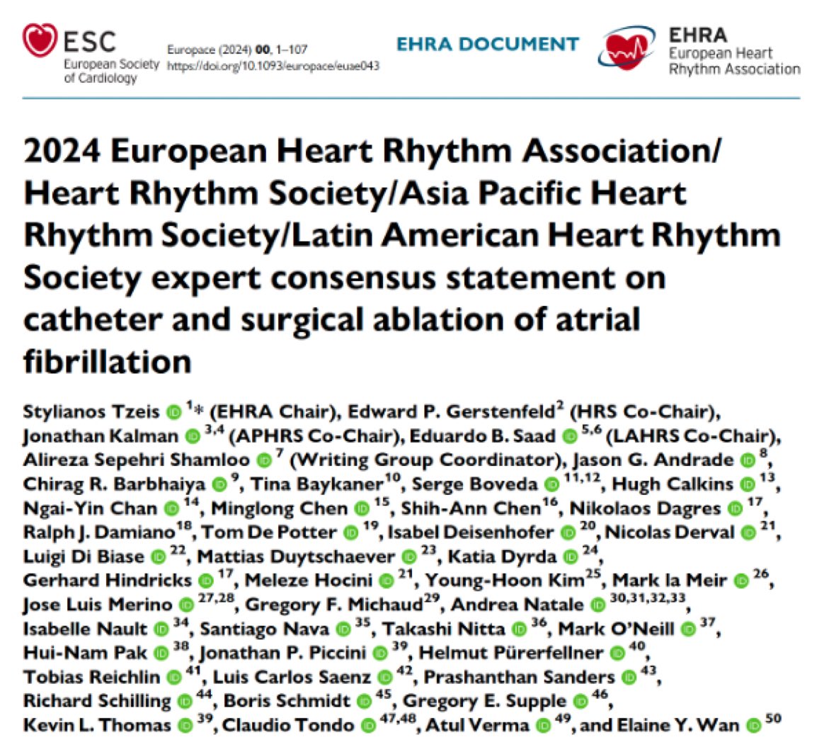 The 2024 EHRA/HRS/APHRS/LAHRS Expert Consensus on Catheter and Surgical AF Ablation has just been presented and released!
academic.oup.com/europace/artic…
Kudos to all 44 members that made it happen  <a href="/Ed_Gerst/">Edward Gerstenfeld</a> <a href="/JonKalmanEP/">Jonathan Kalman</a> <a href="/EduardoSaad3/">Eduardo Saad</a>