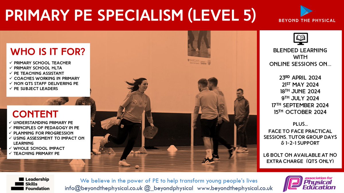 Starting this month! Still time to register for our PE Primary Specialism 2024! For more information visit👇 beyondthephysical.co.uk/primary-pe-spe…