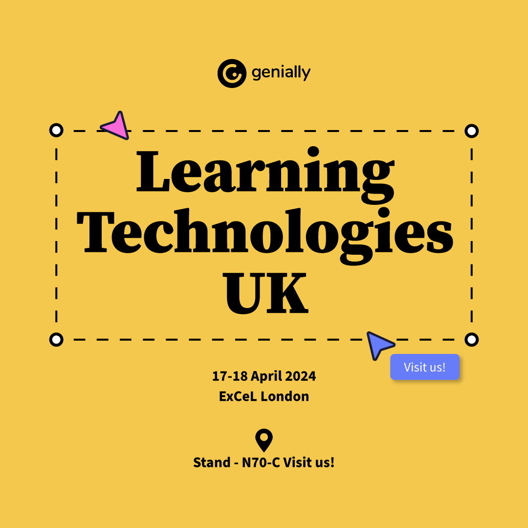 genially's tweet photo. Next stop: Learning Technologies UK! We’re delighted to announce that this year we’re returning to this fantastic  #edtech and #learning event on 17-18 April. Stop by our booth N70-C 🤗

Psstt! Don't miss our session about gamification! #LT24UK https://t.co/Jc1om4eSsH