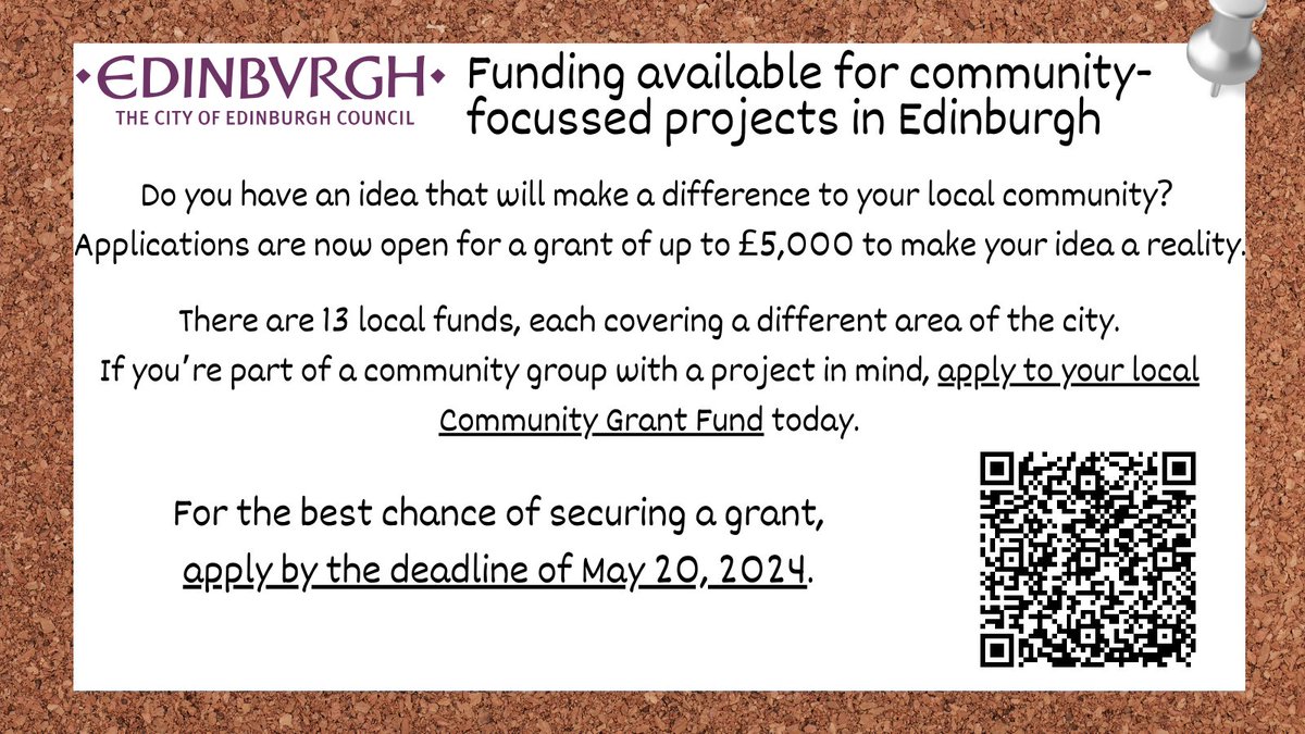 Funding alert ‼️ For more info about this funding opportunity, please scan QR ⬇️or follow the link ➡️edinburgh.gov.uk/news/article/1…