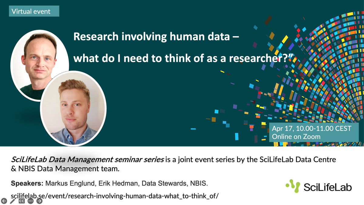 Join the next event in the @scilifelab Data Management seminar series April 17 10-11 CEST about #sensitivedata #GDPR #humandata and much more. Presented by datastewards from @NBISwe Welcome! More & Register: scilifelab.se/event/research…