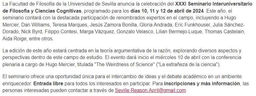 📣Nos enorgullece anunciar la participación de nuestro compañero, Jesús Zamora Bonilla (@jzamorabonilla), en el XXXI Seminario Interuniversitario de Filosofía y Ciencias Cognitivas🧠Más detalles en el enlace: us.es/eventos/agenda…
