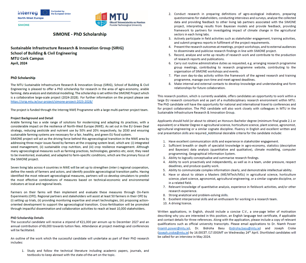 @sirig_MTU @MTU_ie are pleased to announce a PhD position as part of the #SIMONE_NWE @INTERREG_NWE project, for full details see below 👇👇. Closing date for applications is April 24th. Further details on the project available at sirig.mtu.ie/our-project/si… @chbltd