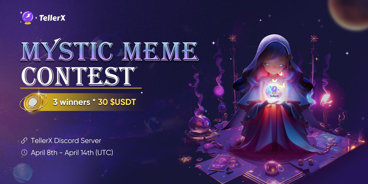 🚀🌟 Get ready to LOL with #TellerX’s Mystic #MemeContest! 🌟🚀

🖼️ #MysticMemeMagic 🖼️

🗓️ When: April 8th - April 14th

🔮 Theme: Pair the TellerX logo with your #astrology sign & bring on the laughs!

✍️ Mission: Create a side-splitting #meme in our Discord's activity channel…