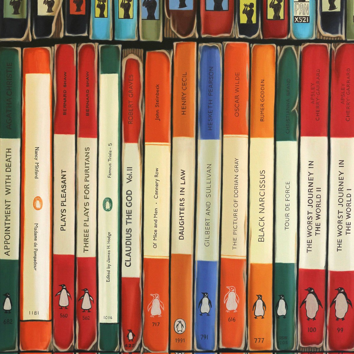 A blast from the past here with my 'Plays Pleasant' #shelfportrait oil painting from 2019 A merry throng of bright #penguinpaperbacks, with a glimpse of a row of vintage #panpaperbacks stacked on top of them 💚