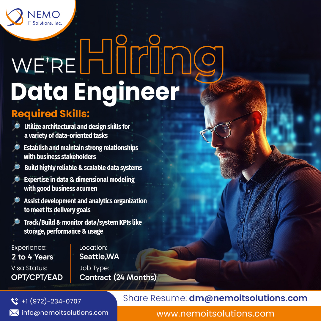 We're Hiring!! Role - Data Engineer & Experience: 2 to 4 Years Location - Seattle, WA & Job Type: Contract (24 Months) Email Resume: dm@nemoitsolutions.com . . . #dataengineer #dataengineerjobs #dataanalytics #dataengineerhiring #optjob