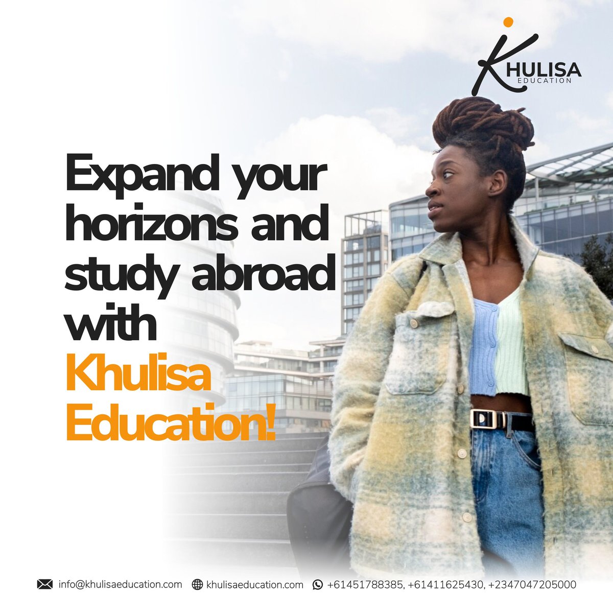 Expand your horizons and study abroad with Khulisa Education 

#khulisa #khulisaEducation #studyoverseas #studyingabroad #studyinaustralia #studyincanada #studyinuk #studyinireland #studyinusa