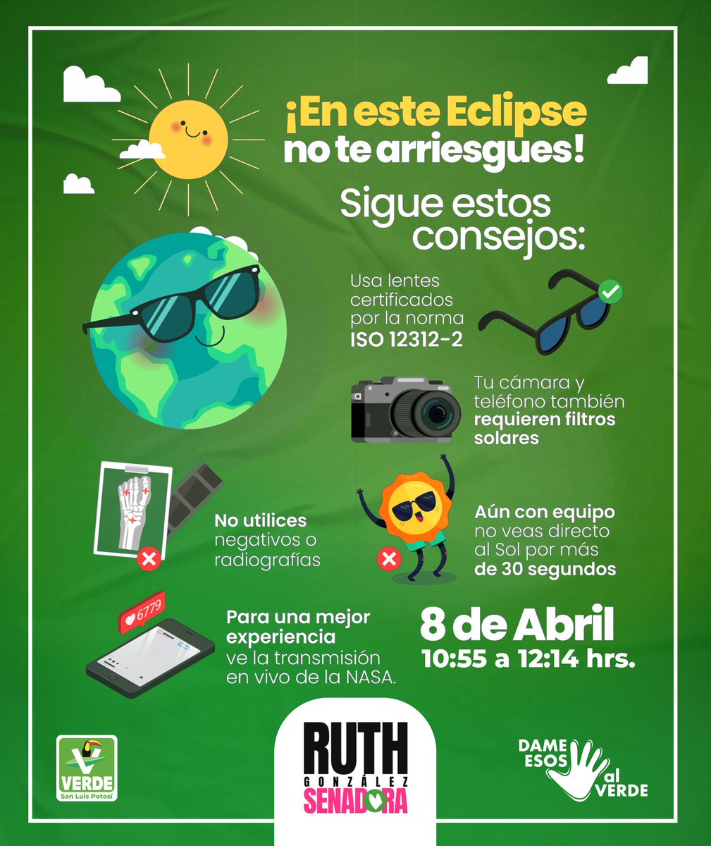 Hoy es el día del eclipse, un fenómeno fascinante que merece ser disfrutado con precaución. Aquí algunas recomendaciones para vivirlo al máximo: #Eclipse2024 #Apoyototal #RGS Transmisión NASA: youtube.com/live/-VglV73zV…