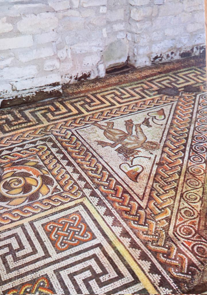Wow! Look at those colours pop. Old postcard of the Grand Dining Room mosaic at Chedworth. #Mosaic #MosaicMonday