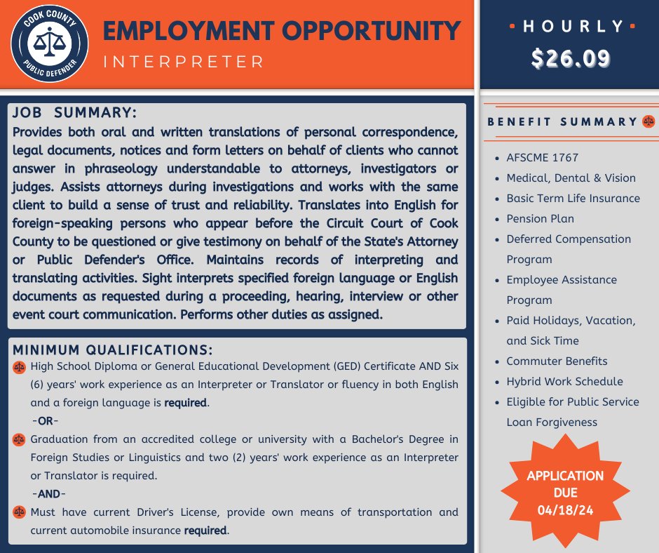 We are excited to share that we are currently hiring Interpreters and Accounting Specialists! Both positions will be @afscme31 members. Learn more and find the link to apply on our website: cookcountypublicdefender.org/Careers/jobs Please help us spread the word & share with your networks!