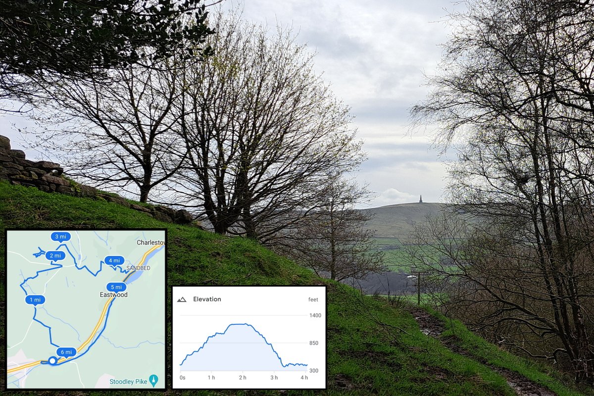 6.5 miles around the moors above Todmorden today. A tough climb, forever under the watchful gaze of Stoodley Pike.