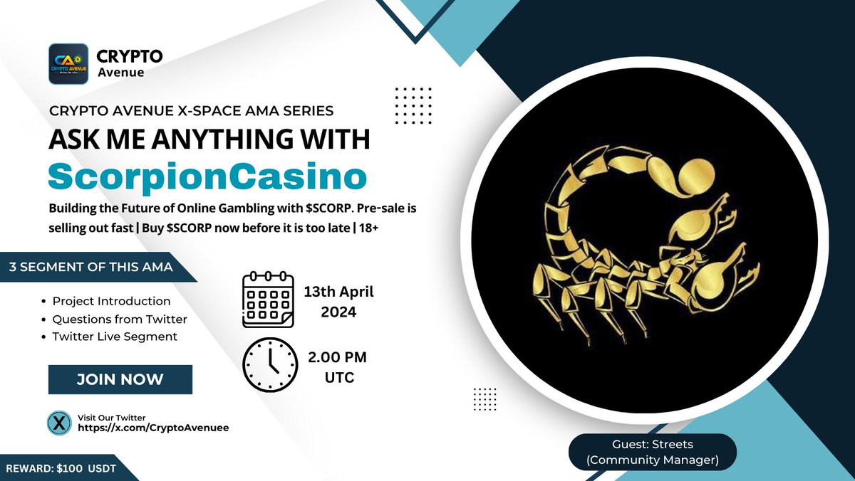 🔈We Are Pleased to Announce Our Next #Xspace_AMA With Scorpion Casino 🎁Prize: 100 $USDT 📆Date: 13th April 2024 At 2.00 PM UTC 🏨 Venue: x.com/i/spaces/1Mnxn… ‼️ Rules: 1️⃣ Follow @CryptoAvenuee & @ScorpionCasino 2️⃣ Like Retweet & Comments Your Questions & Tag 3…