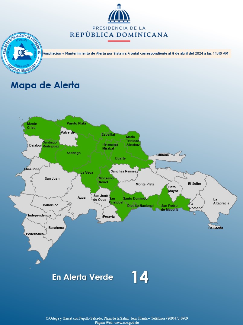 COE_RD's tweet photo. El COE amplía el nivel de alerta verde para 13 provincias y el Distrito Nacional, debido a que seguiremos bajo la incidencia del sistema frontal localizado al noreste del país, la cual estará provocando principalmente en horas de la tarde, campos nubosos generadores de aguaceros. https://t.co/iiFFlgAWjj