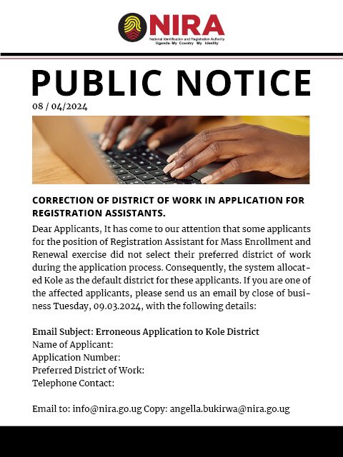 #UPDATE on the recent #NIDMassEnrollmentUg2024 and #NIDMassRenewalUg2024 Registration Assistants vacancies.