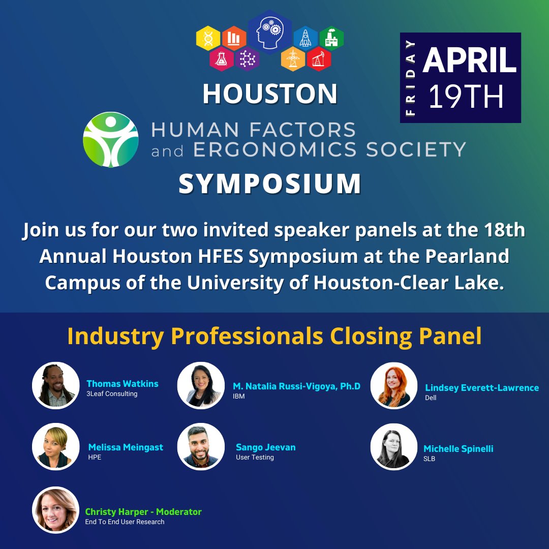 HoustonHfes's tweet photo. Make plans to attend the Houston HFES Symposium on Friday, April 19. Don't miss an engaging discussion about UX research toolkits during the industry professionals closing panel. For more information, visit the Houston HFES website at https://t.co/F21hBxuiJP. #HoustonHFES https://t.co/LwsK6X17qy