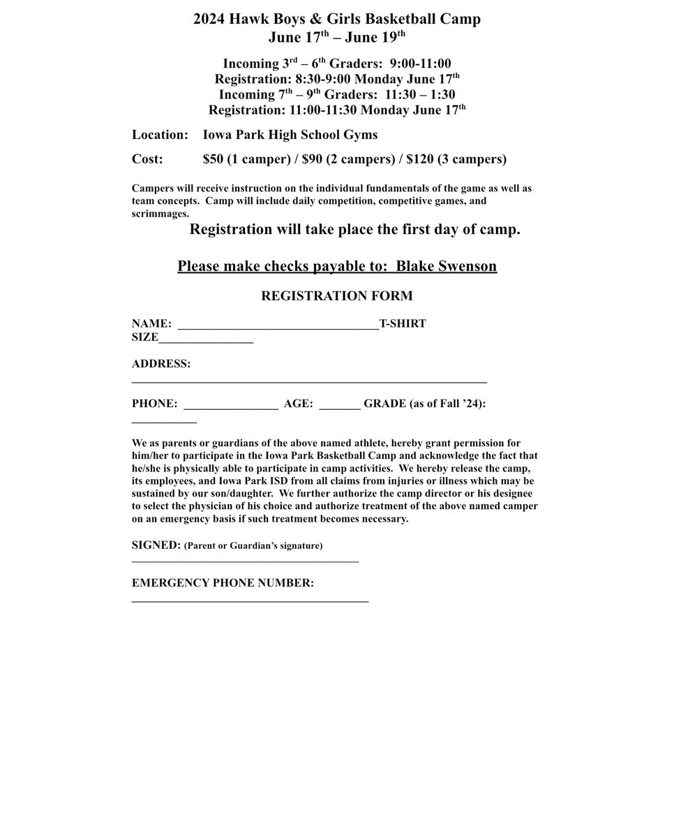 2024 Iowa Park Boys/Girls basketball camp info! Please email blswenson@ipcisd.net with any questions! @940Gameday @Hull_TRN @Naomi_TRN @KfdxTobin @BenCoker3 @KAUZ6Chris @IPAthletics @MJ_Baird17