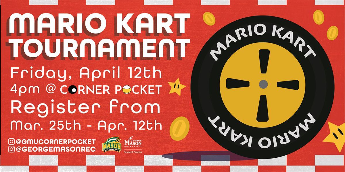 Mason Recreation (@georgemasonrec) on Twitter photo Where does Mario shop? Mario Mart. Join <a href="/gmucornerpocket/">Corner Pocket</a> for the final Mario Kart tournament of the Spring Semester next Friday! Grand prizes await the winners!๐๐ฎ
Link: buff.ly/3vLUji5
๐
Fri, April 12, 2024
โฐ 4PM
๐ Corner Pocket
#MarioKart #MasonRecreation Where does Mario shop? Mario Mart. Join <a href="/gmucornerpocket/">Corner Pocket</a> for the final Mario Kart tournament of the Spring Semester next Friday! Grand prizes await the winners!๐๐ฎ
Link: buff.ly/3vLUji5
๐
Fri, April 12, 2024
โฐ 4PM
๐ Corner Pocket
#MarioKart #MasonRecreation