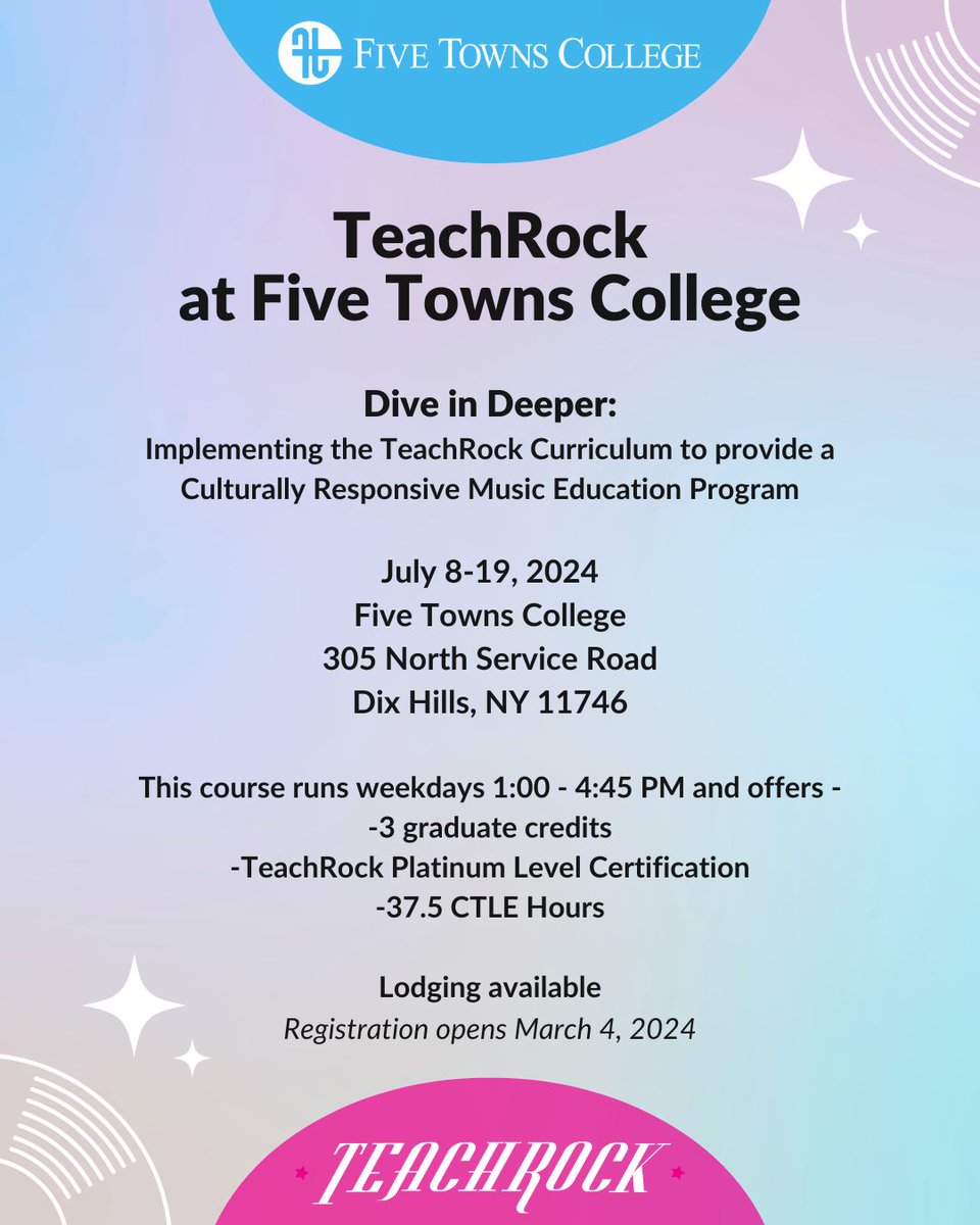 . @ArnellStephanie, will be teaching a TeachRock course at @FiveTownsNY this summer! July 8-19, 2024, 1:00 - 4:00pm, educators will take a deep dive into the benefits of a culturally responsive music instruction & how TeachRock can suit your classroom. buff.ly/3uWAt3v