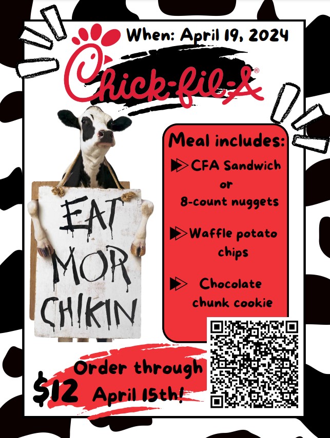 We want Bobcats to #EatMoreChicken! Students have an opportunity to order a @CFAPearland lunch for $12. Scan the QR Code to order & pay online only. Deadline is April 15! Lunch will be April 19. Thanks for supporting Bobcat Country!❤️💙🐾🐄 #Believe #WeAreMiller