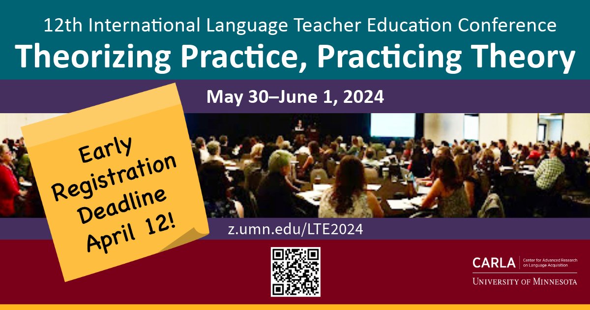 Language Teacher Educators: Don't forget to register for the 12th International Language Teacher Education Conference Theorizing Practice, Practicing Theory May 30–June 1, 2024 Minneapolis, MN Early bird registration ends April 12! carla.umn.edu/conferences/lt…
